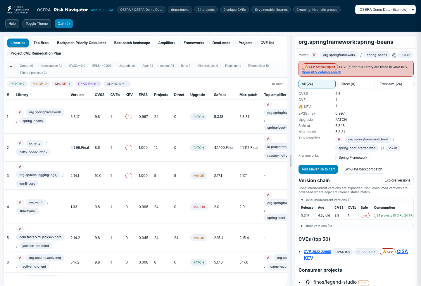 Risk Navigator prioritization interface showing vulnerable libraries, CVEs, affected projects, and remediation details